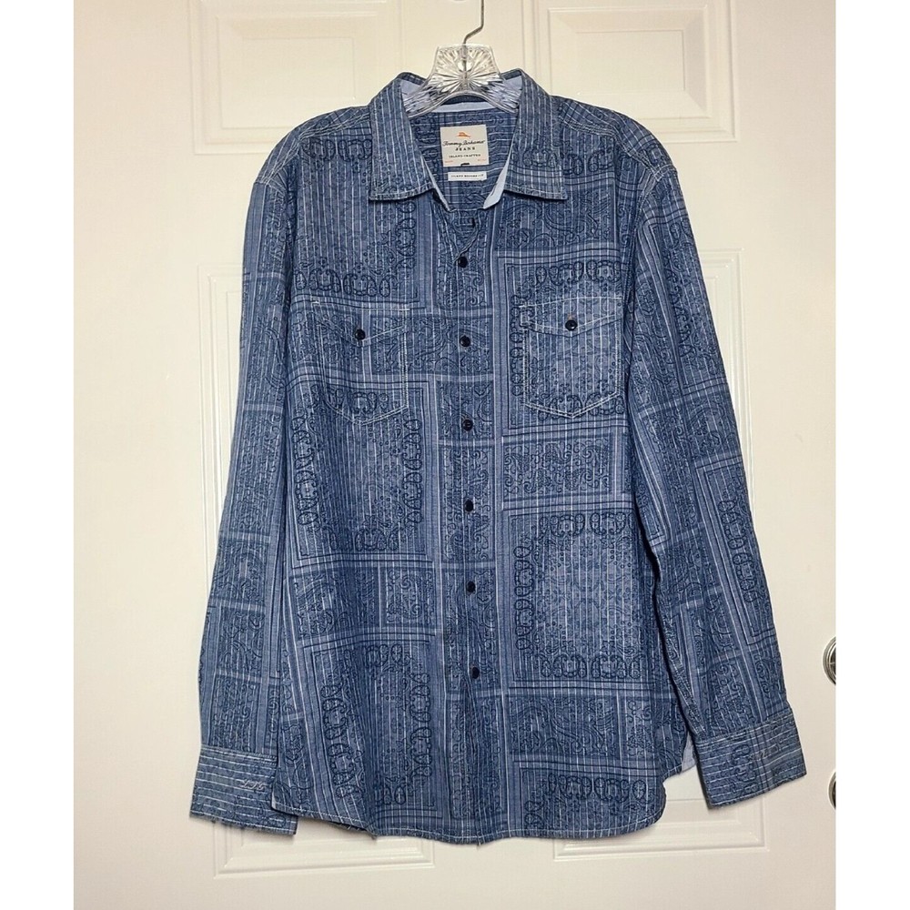Tommy Bahama Island Modern Fit Size L Long Sleeve Blue Paisley Stripe Cotton